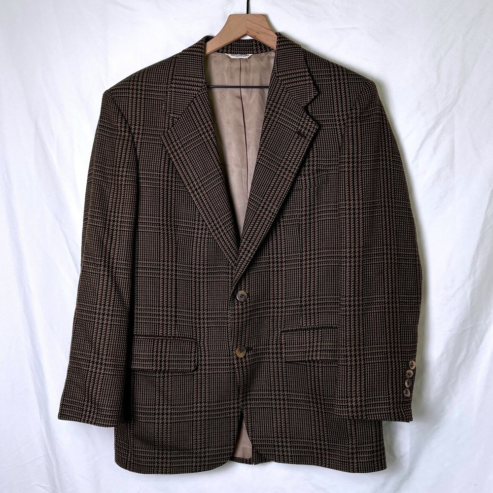 Bill Blass Mens Wool Glen Check Plaid 2-Button Blazer Sport Coat Size 42R Brown